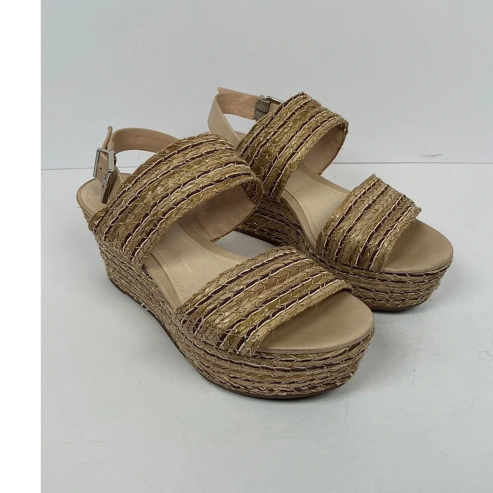 Schutz Womens 7.5B Gold Woven Straw Platform Wedge Slingback‎ Sandals Brazil